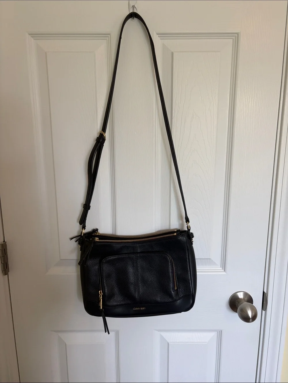 Calvin Klein Black Pebbled Leather Crossbody with Gold Accents